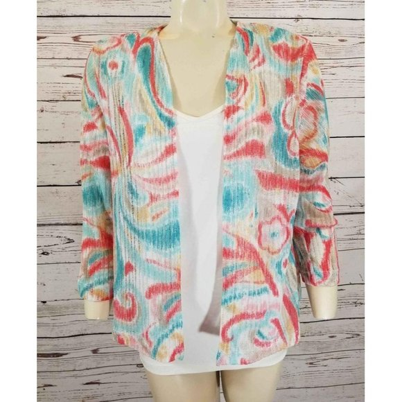 Alfred Dunner Petite open Cardigan light weight Swirl blue Orange Sz Large P - Picture 1 of 6